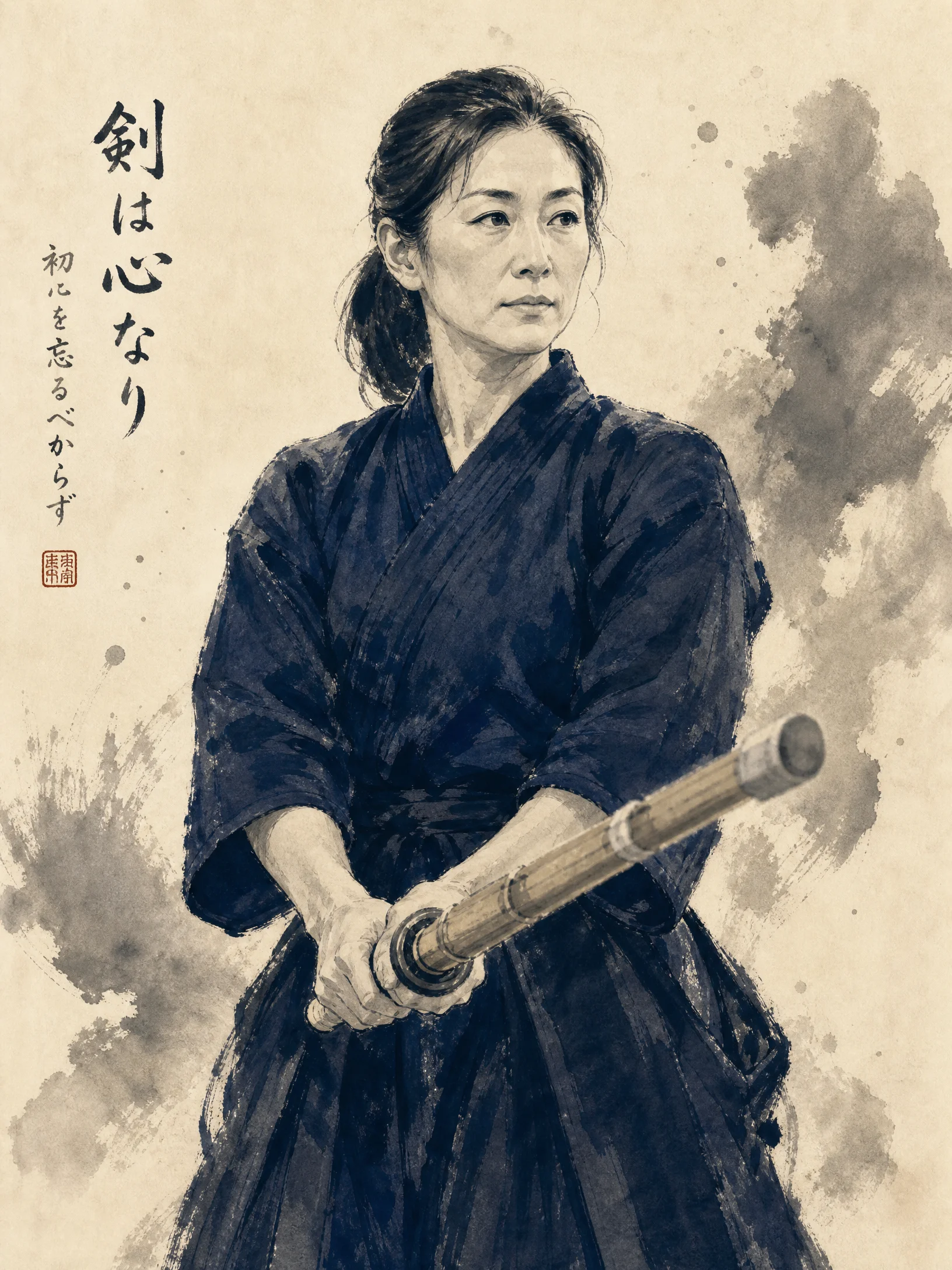 女‌性剑道指导员水墨风肖像