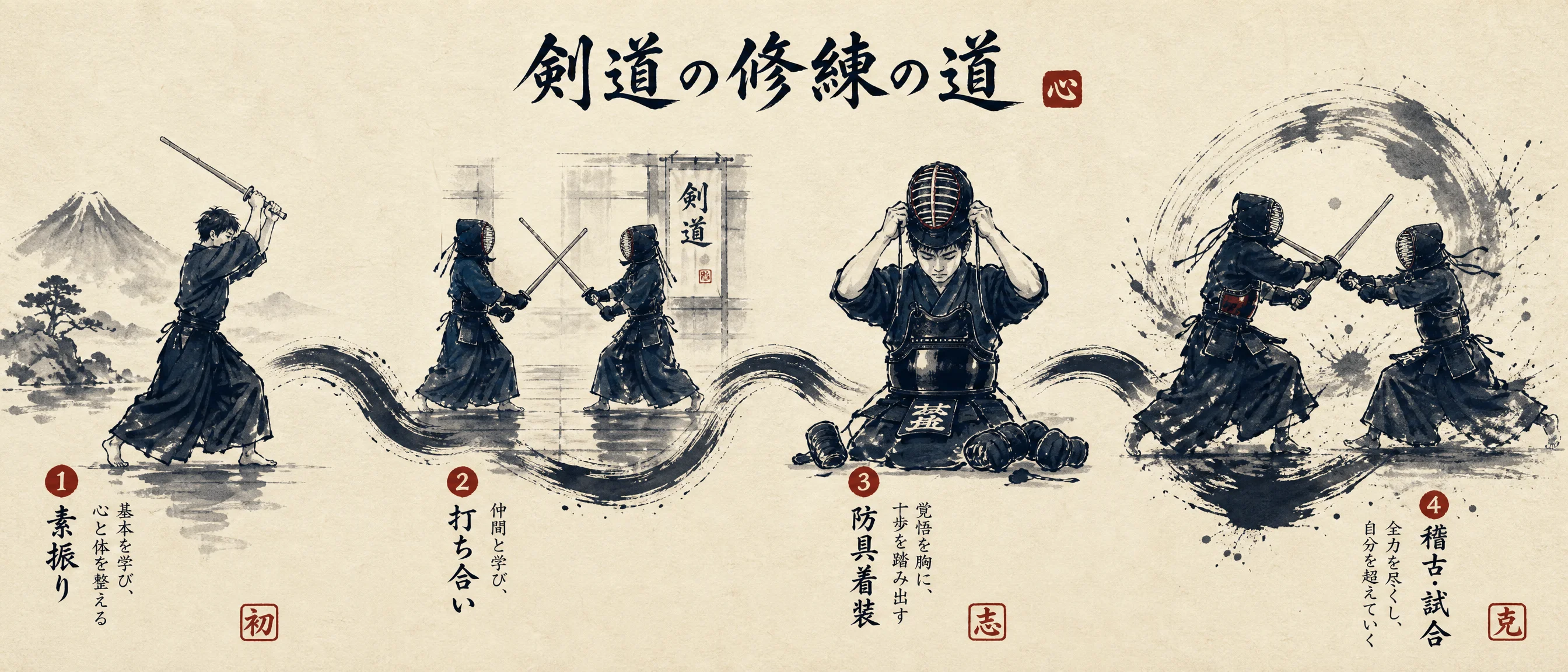 剑道修‍行历程水墨‍时间轴插画